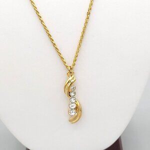 S Curve Pendant Necklace With Five CZ Cubic Zirconia 18" Gold Tone Chain